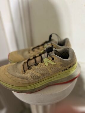 Salomon unisex Beige and Yellow Trail Sneakers with Reddish orange Outsole